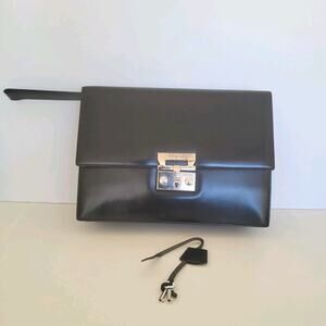 Ferragamo Vintage Leather Wristlet Unisex Handbag Clutch With Lock And Key Black